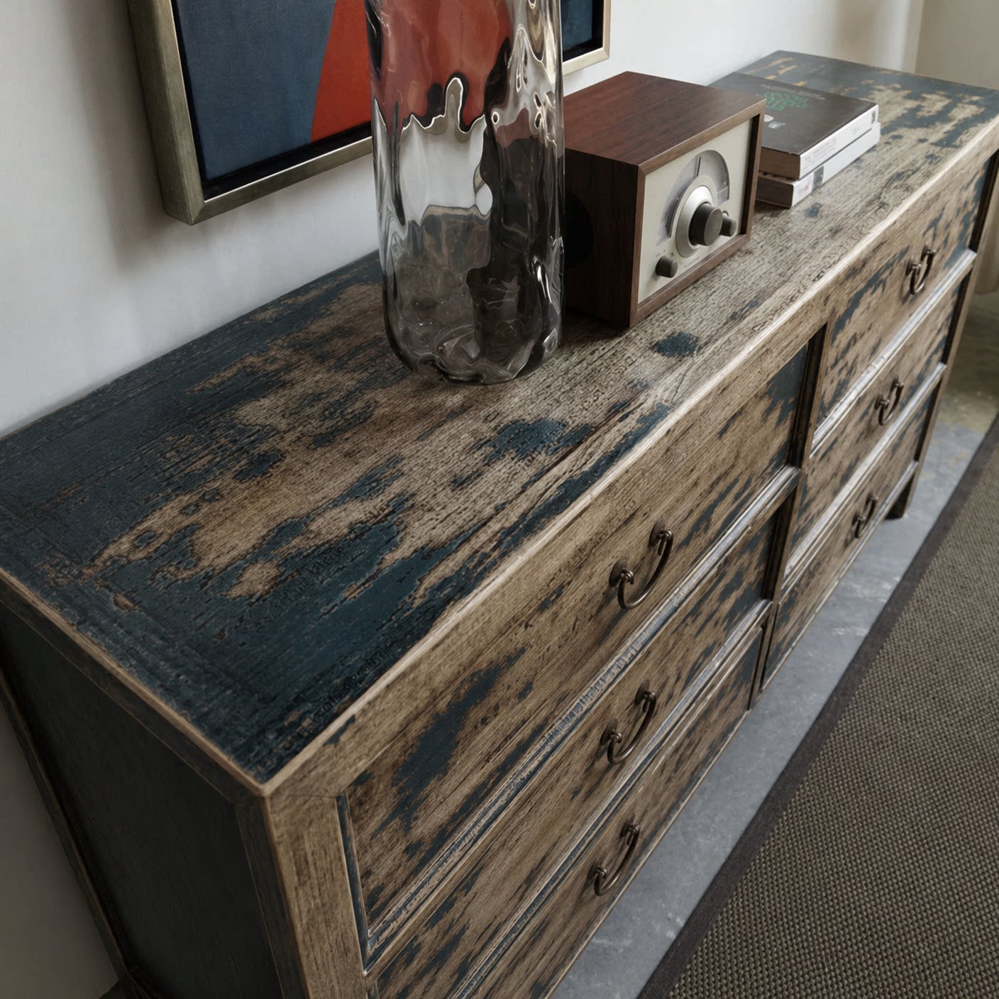Vintage 6-Drawer Wood Dresser with Distressed Navy Finish