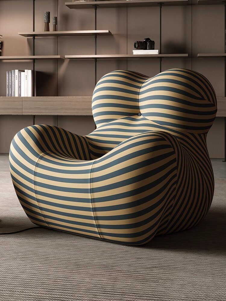 Oversized Striped Lounge Chair with Ball Ottoman, Blue and Beige