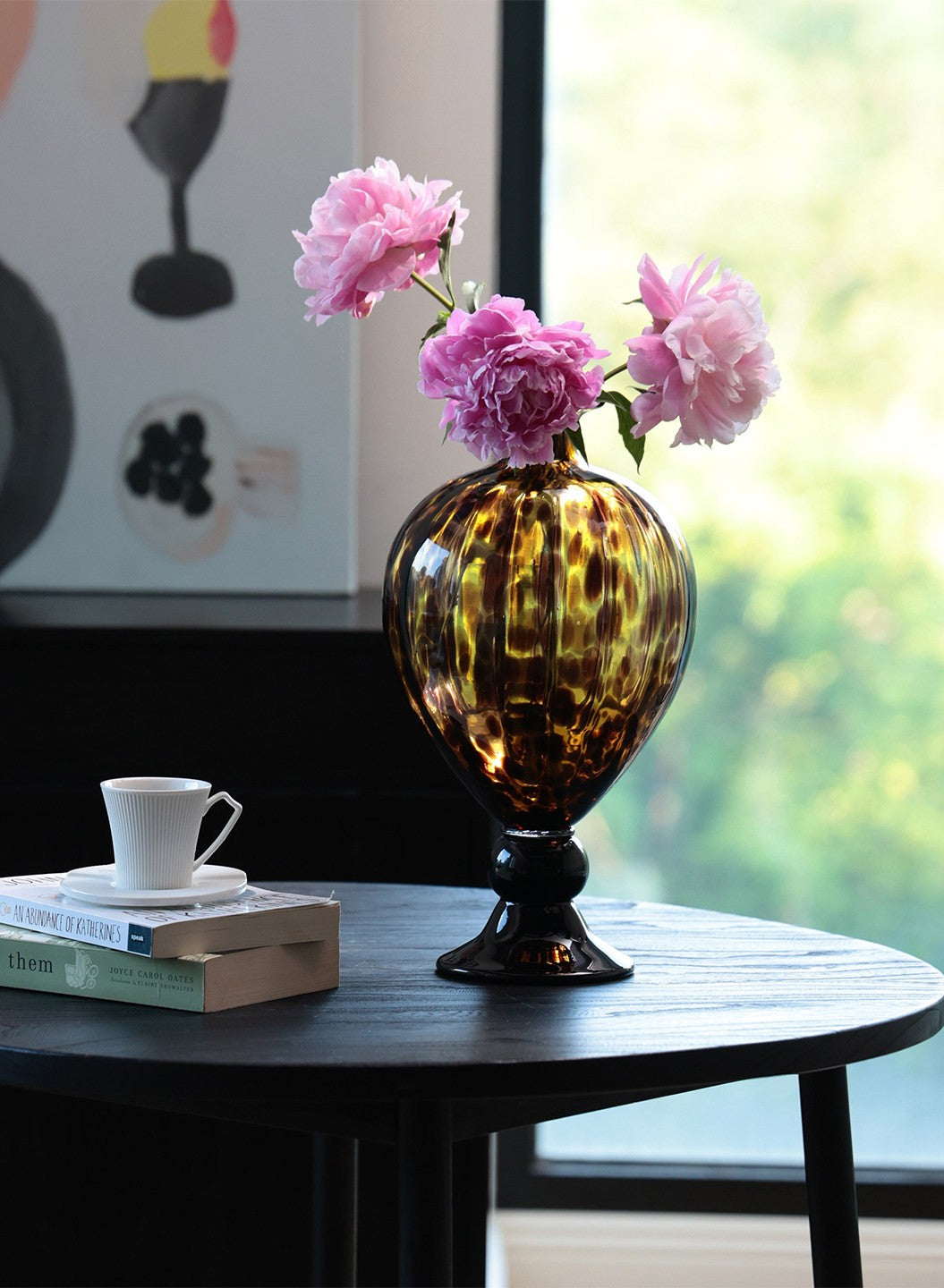Amber Tortoiseshell Glass Vase, Large Pedestal Art Glass Centerpiece