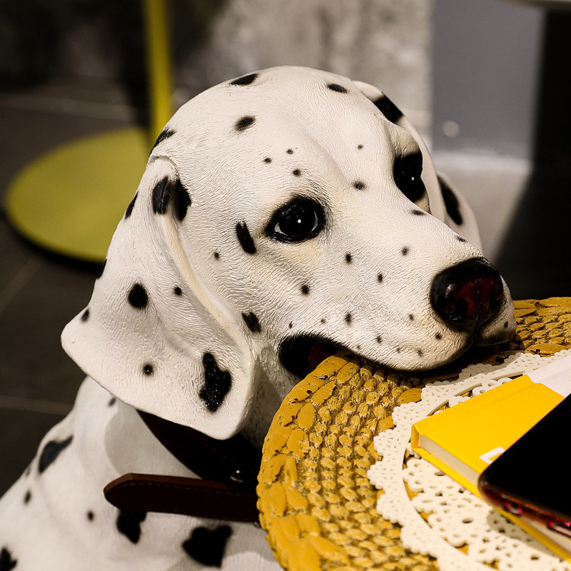 Large Dalmatian Dog Statue Tray Holder, Resin Spotted Dog Floor Decor with Round Tray, Entryway Key Bowl Stand for Living Room, Hallway, TV Cabinet and Housewarming Gift