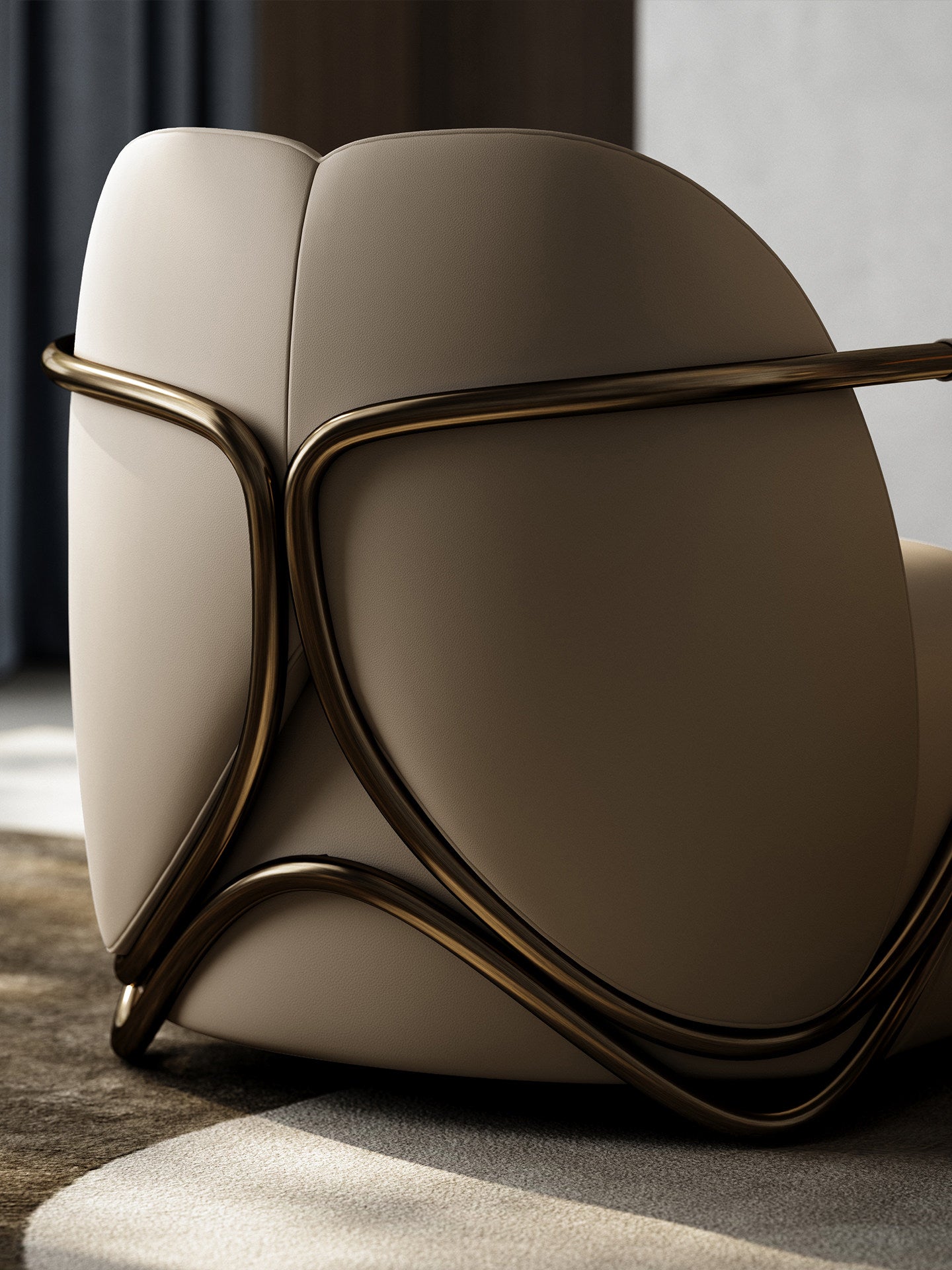 Beige Leather Accent Chair, Modern Lounge Chair with Bronze Metal Frame, Upholstered Single Sofa Chair with Curved Back and Arms for Living Room, Bedroom, Villa, Reading Corner