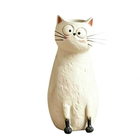 White Cat Vase, Whimsical Resin Flower Planter for Tabletop Décor