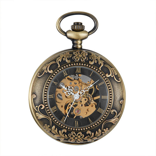 Antique Bronze Double Hunter Mechanical Pocket Watch, Floral Engraved Skeleton Hand Wind Watch with Roman Numeral Dial and Chain, Vintage Steampunk Gift for Men, Women, Collectors