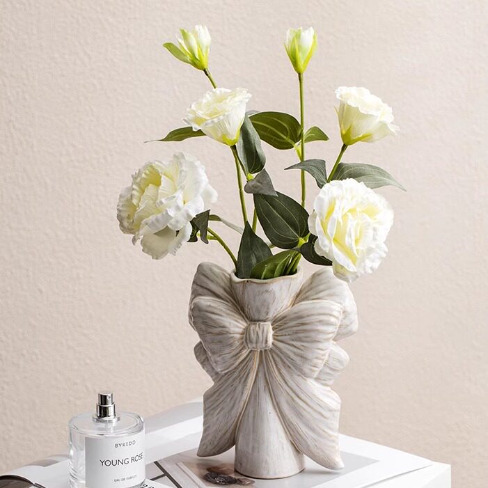 White Bow Ceramic Vase for Dried Flowers, Decorative Tabletop Flower Holder