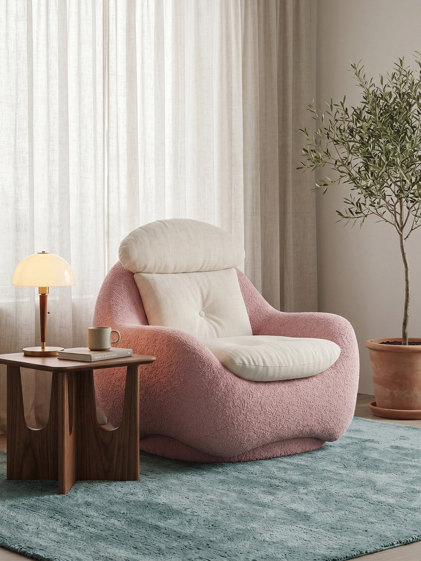 Pink Bouclé Accent Lounge Chair with Linen Cushion Modern Cozy Reading Chair