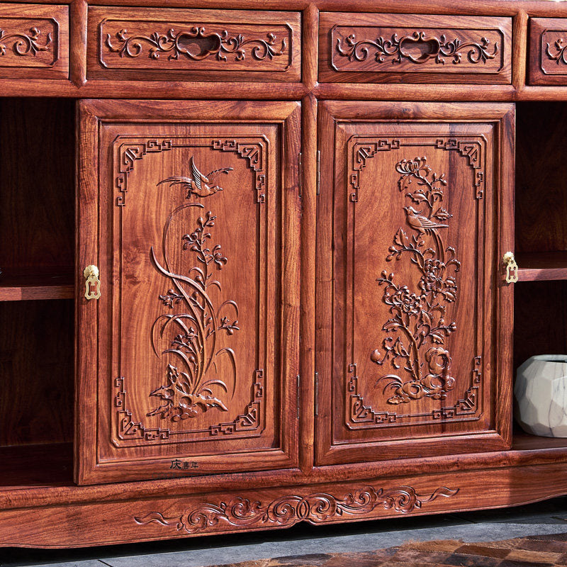 Reddish Brown Solid Wood Sideboard Buffet Cabinet, 4-Door 4-Drawer Carved Storage Credenza for Dining Room, Living Room, Tea Bar and Kitchen