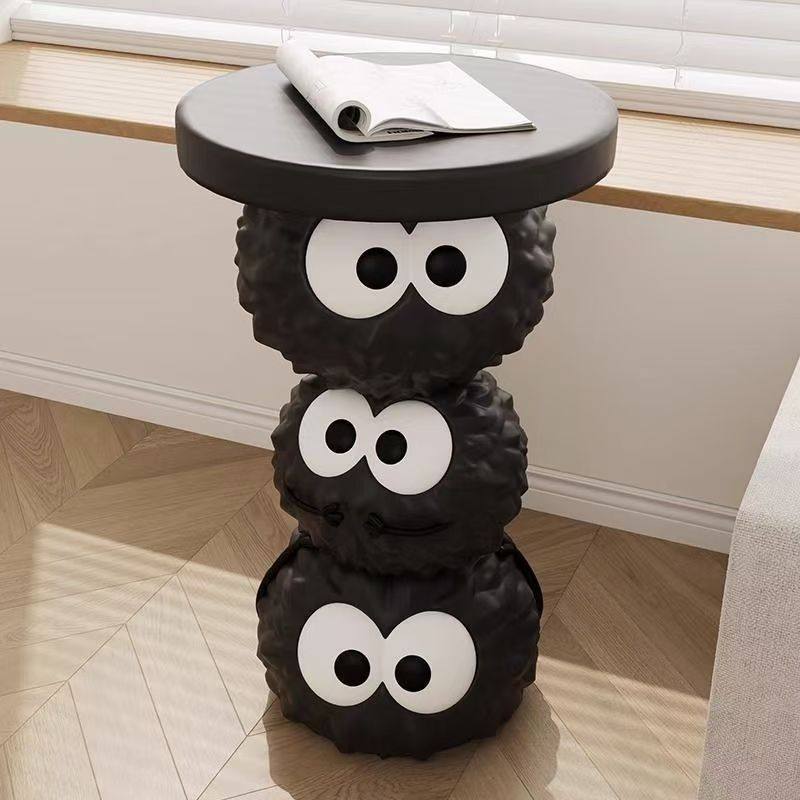 Black Big-Eyed Creature Side Table with Round Top, Resin Cartoon Accent End Table with Rear Coin Slot for Living Room, Bedroom, Nursery, Sofa Side and Small Spaces