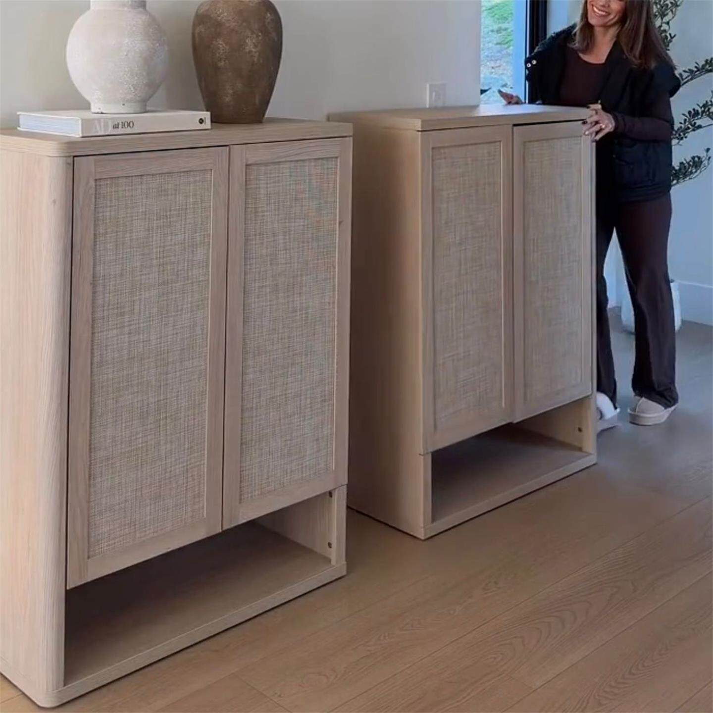 Natural Rattan Storage Cabinet, 31 Inch 2 Door Wood Sideboard with Woven Cane Panels and Open Bottom Shelf, Modern Entryway Cabinet for Living Room, Hallway, Bedroom, Dining Room