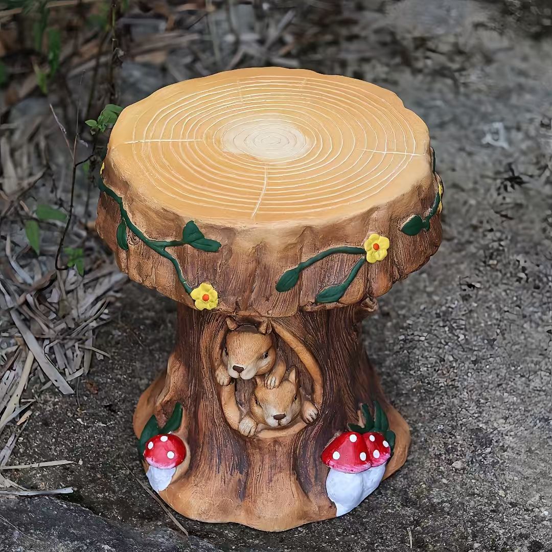 Tree Stump Stool 13 Inch, Squirrel Mushroom Garden Seat and Outdoor Decor
