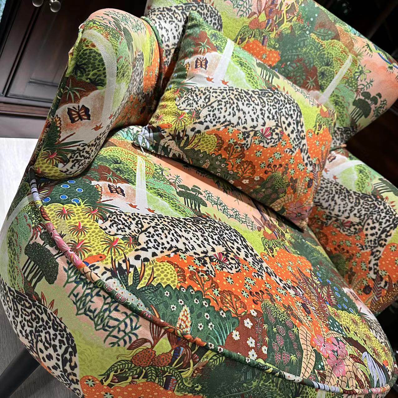 Multicolor Forest Wildlife Print Accent Chair, Upholstered Barrel Armchair with Curved Arms, Black Turned Wood Legs and Matching Lumbar Pillow for Living Room, Bedroom and Reading Nook