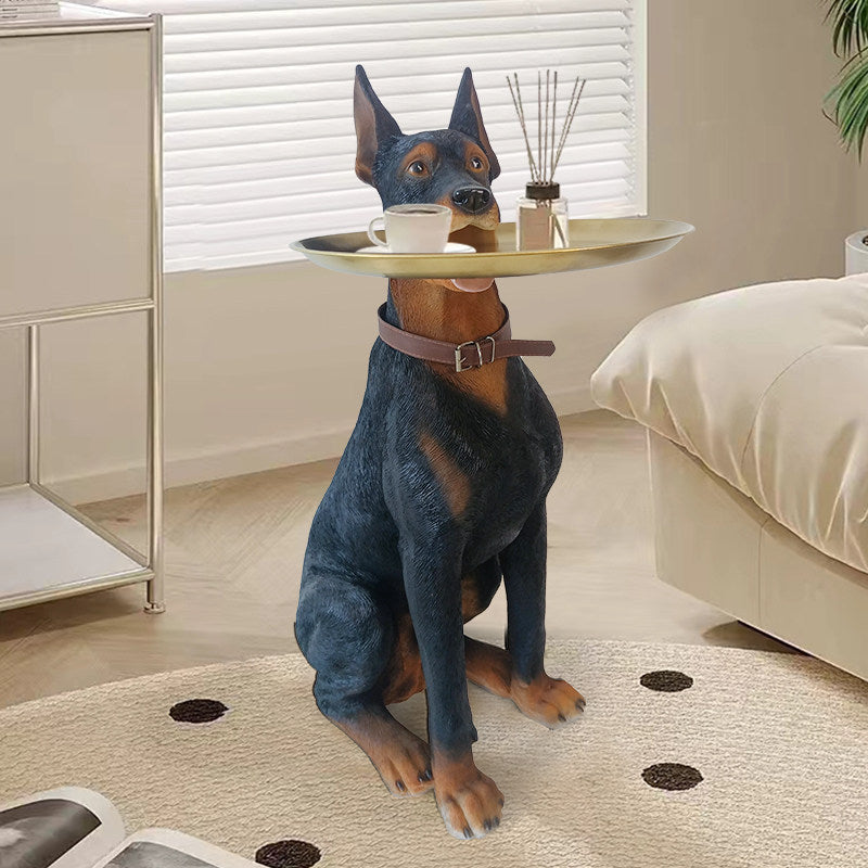 Doberman Dog Statue Tray Holder, Large Resin Dog Floor Decor with Gold Round Tray, Luxury Entryway Storage Stand for Living Room, Hallway, TV Cabinet and Housewarming Gift