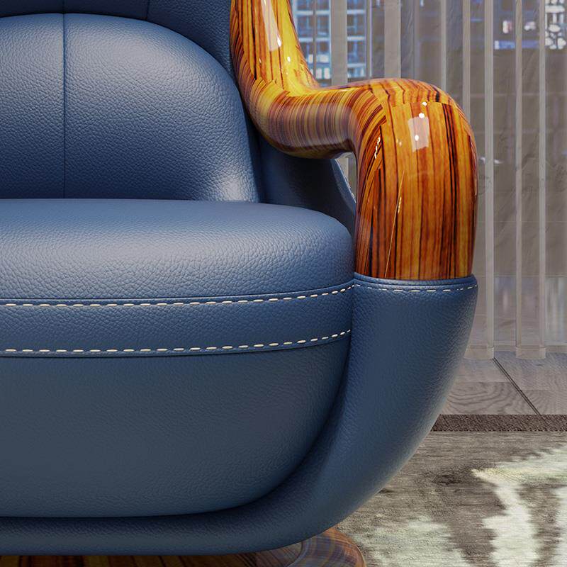 Blue Leather Swivel Lounge Chair with Wenge Wood Frame