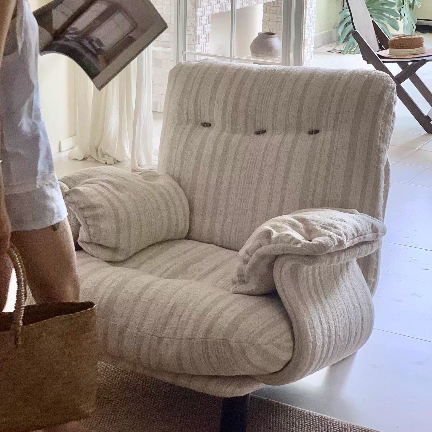 Cream Striped Upholstered Accent Chair with Rolled Arms