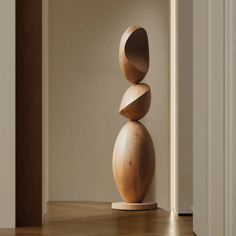 Tall Abstract Wooden Floor Sculpture, Stacked Oval Wood Statue, Modern Organic Decorative Art Accent for Hotel Lobby, Entryway, Living Room, Clubhouse, Villa and Gallery Decor