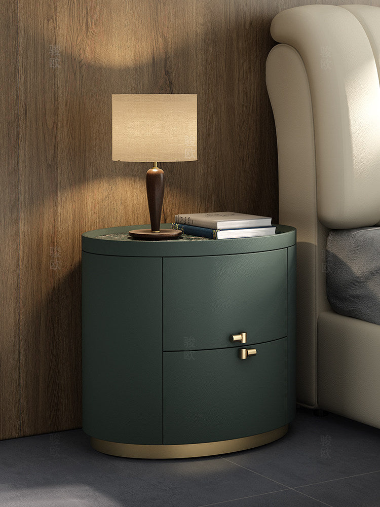 Deep Green Oval Nightstand with 2 Drawers, Modern Leather Look Bedside Table with Stone Pattern Top, Gold Tone Base and Solid Wood Frame, Luxury Accent End Table for Bedroom, Living Room