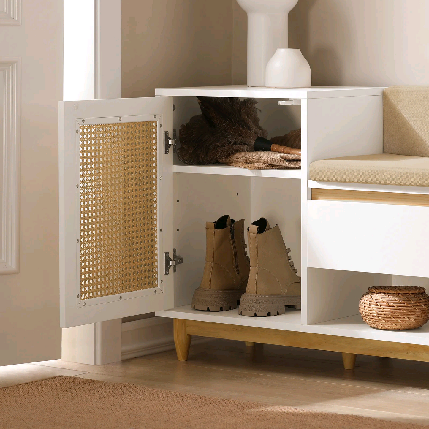 White Shoe Storage Bench with Rattan-Look Door and Cushioned Seat