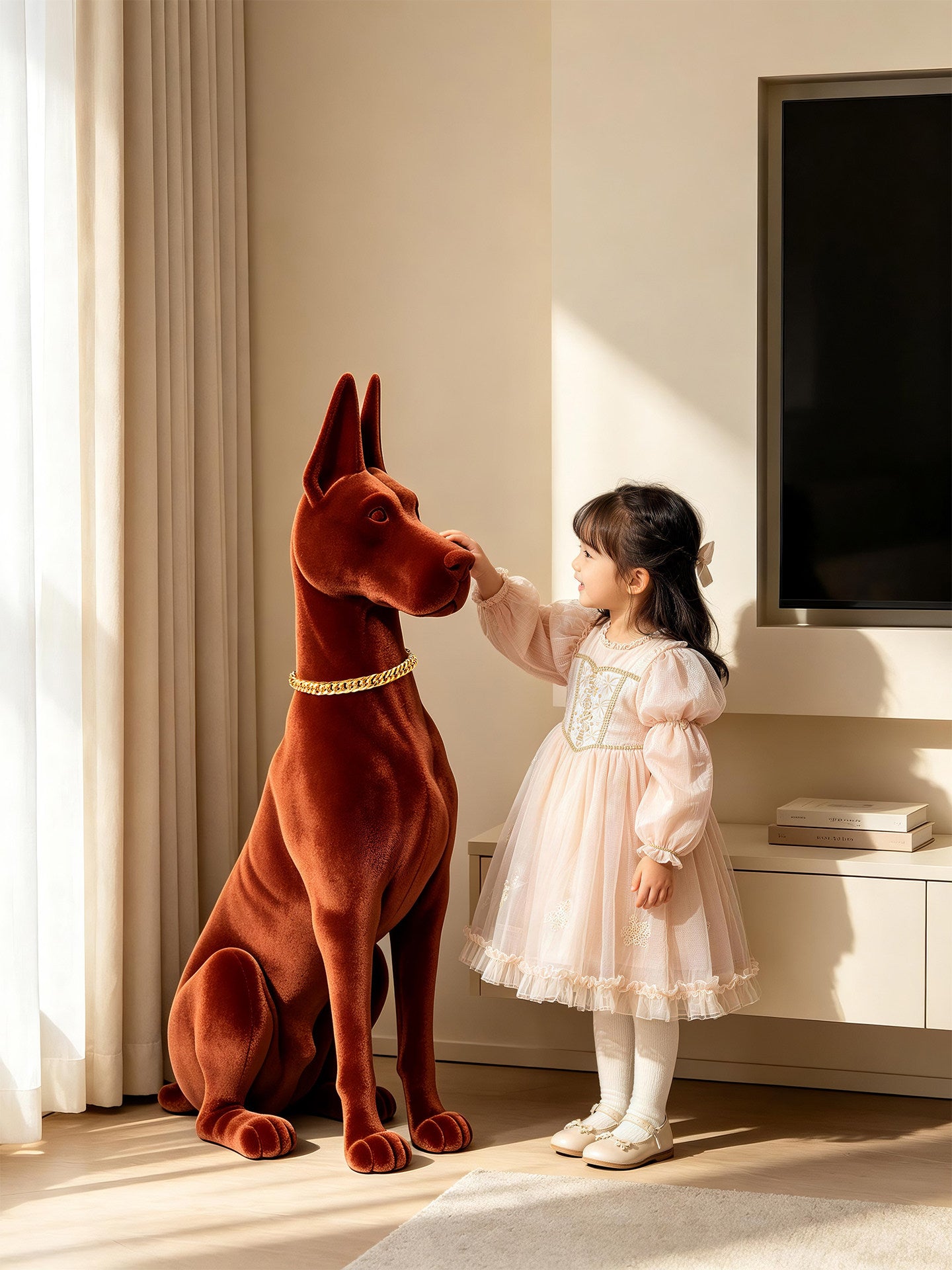 Large Doberman Dog Statue, Velvet-Look Flocked Floor Sculpture with Gold Chain Collar, Modern Guard Dog Figurine Decor for Entryway, Living Room, TV Stand, Office, Housewarming Gift