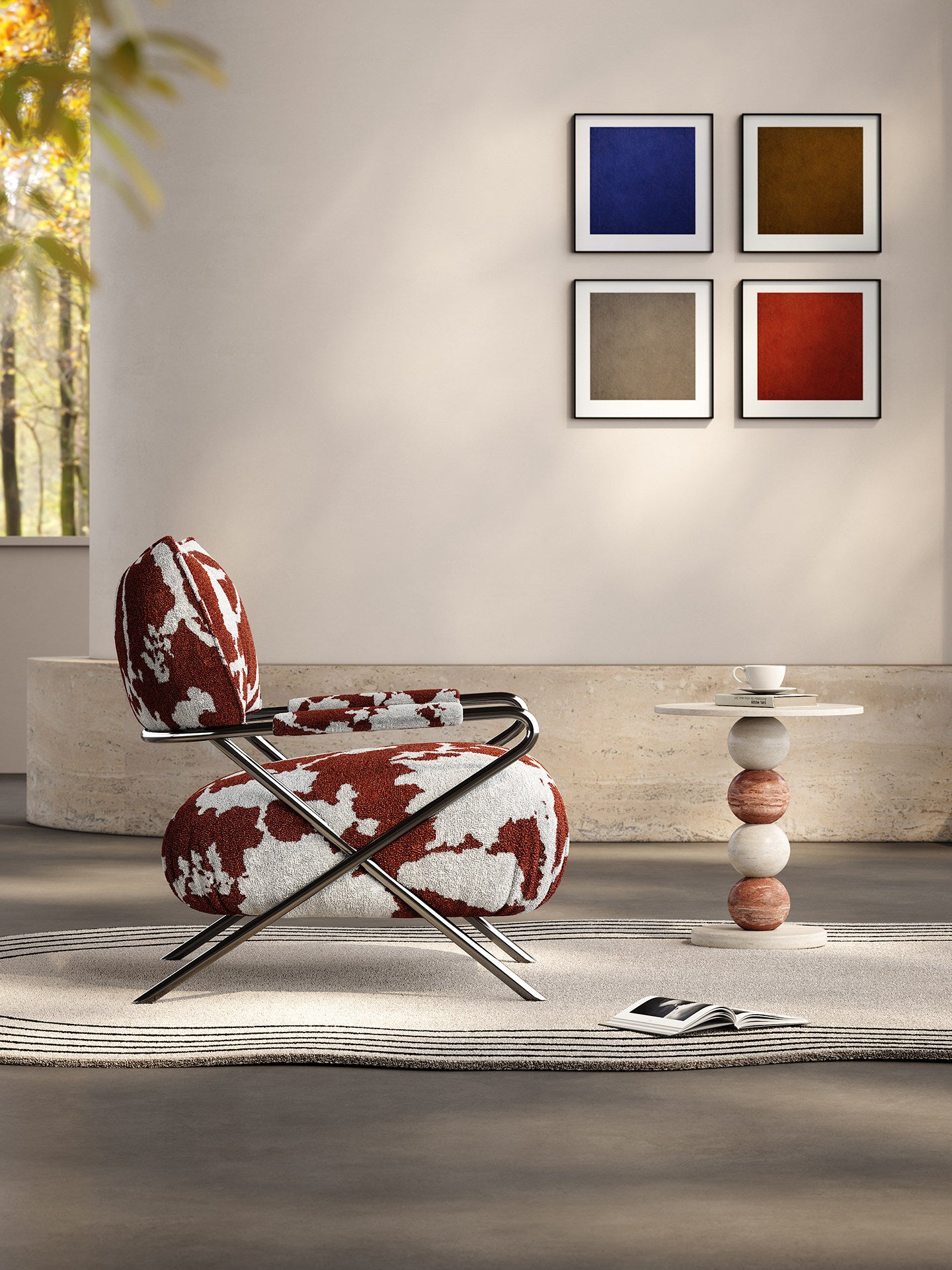 Modern Chenille Accent Chair, Brown and White Patterned Lounge Chair with Stainless Steel Frame, Italian Minimalist Single Sofa Chair for Living Room, Bedroom, Reading Corner, Apartment