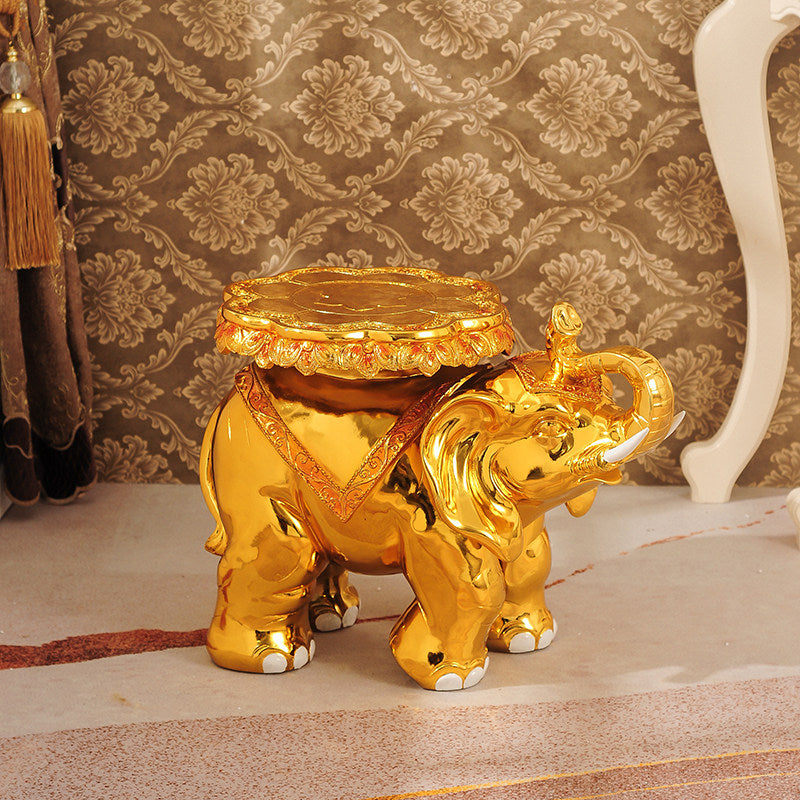 Gold Elephant Stool, Large Decorative Elephant Side Table, Lucky Elephant Accent Stool with Raised Trunk, Luxury Animal Figurine Stand for Living Room, Entryway, Bedroom, Housewarming Gift