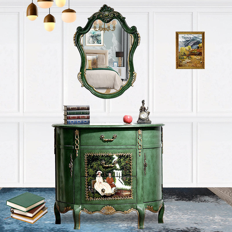 Green Hand-Painted Demilune Storage Cabinet for Entryway and Living Room