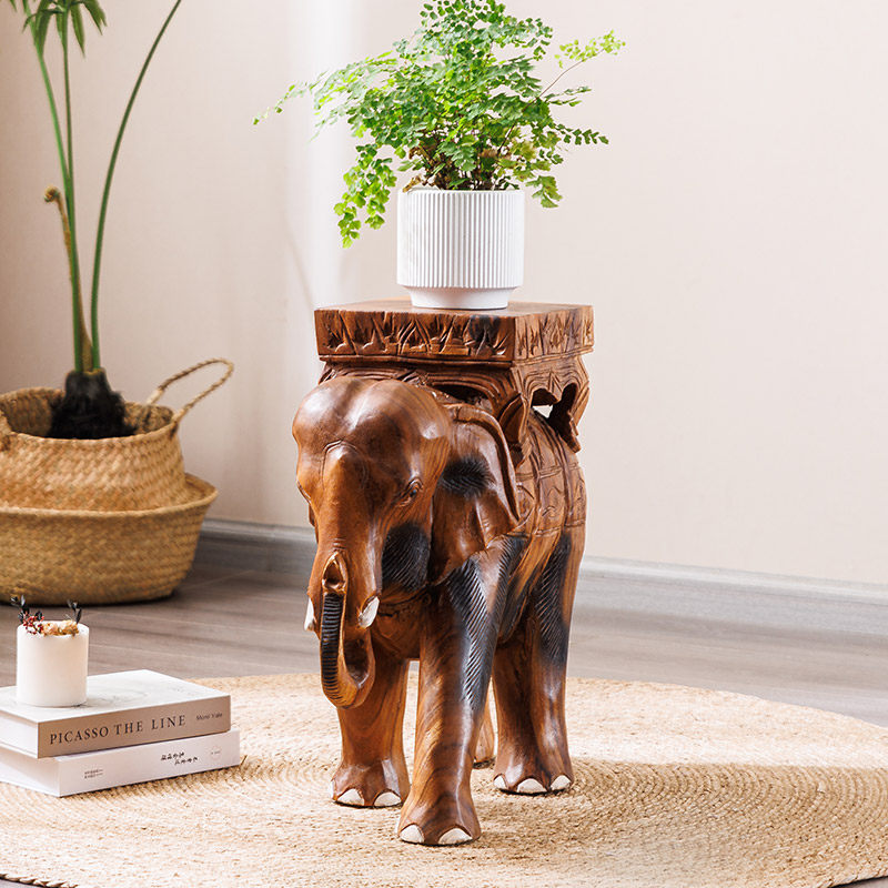 Hand Carved Elephant Stool, Solid Wood Animal Side Table with Square Seat, Rustic Entryway Shoe Bench, Plant Stand, Footstool, and Decorative Accent for Living Room, Bedroom, Porch, and Home Decor