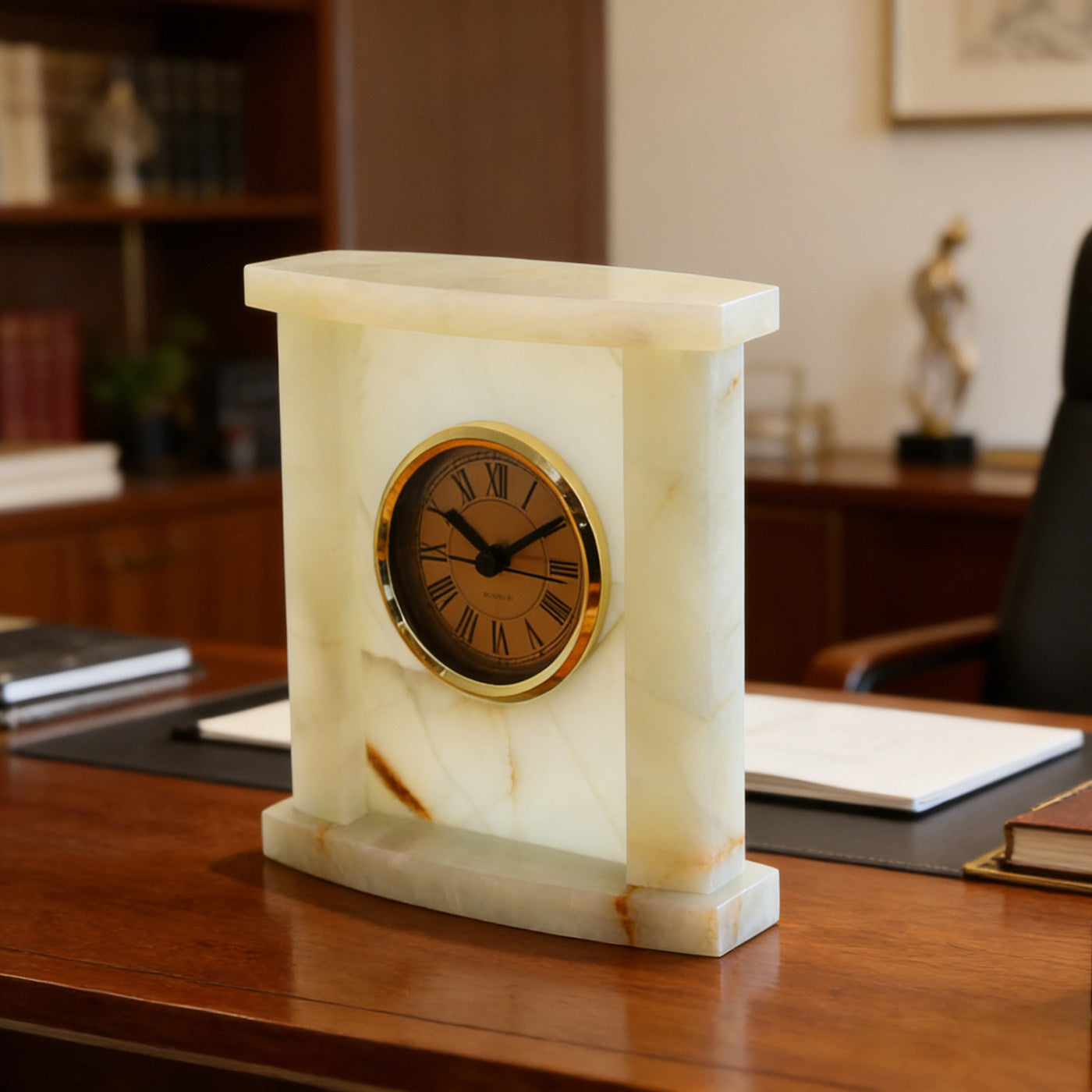 Ivory Natural Marble Mantel Clock, Gold-Tone Roman Numeral Quartz Table Clock, Decorative Stone Desk Clock for Living Room, Fireplace, Office, Bedroom and Shelf