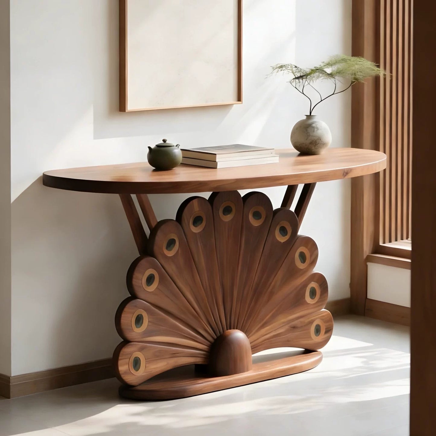 Solid Ash Wood Peacock Entryway Console Table, Walnut Finish