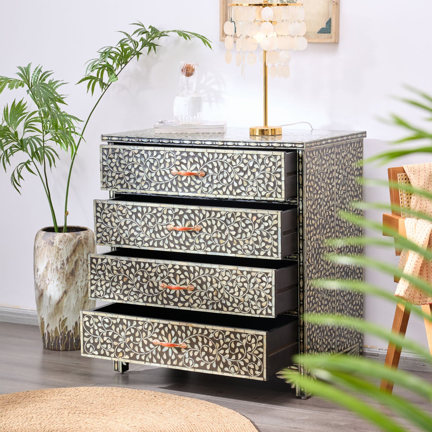 Black Mother of Pearl Shell Inlay 4 Drawer Chest, Floral Mosaic Dresser Cabinet with Handcrafted Leaf Pattern, Luxury Accent Storage Cabinet for Bedroom, Entryway, Living Room, Hallway, and Console Decor