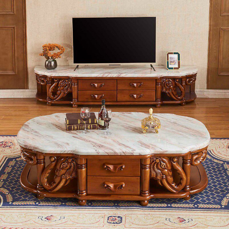 Solid Wood Marble Top Coffee Table with Storage Drawers, Hand-Carved Traditional Living Room Center Table, Luxury Vintage Cocktail Table with Open Shelf