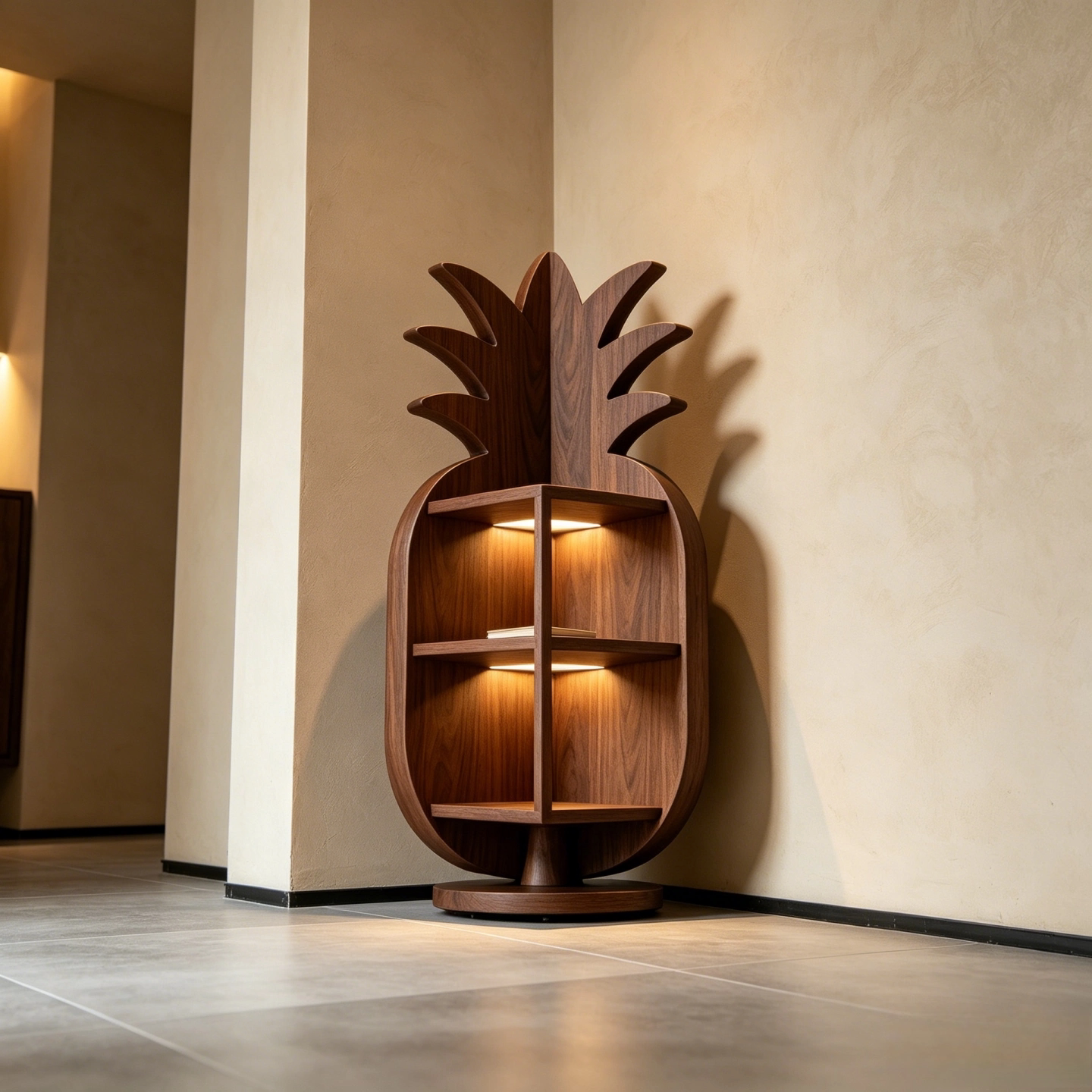 Pineapple Corner Shelf with LED Lighting, Ash Wood Display Storage Cabinet
