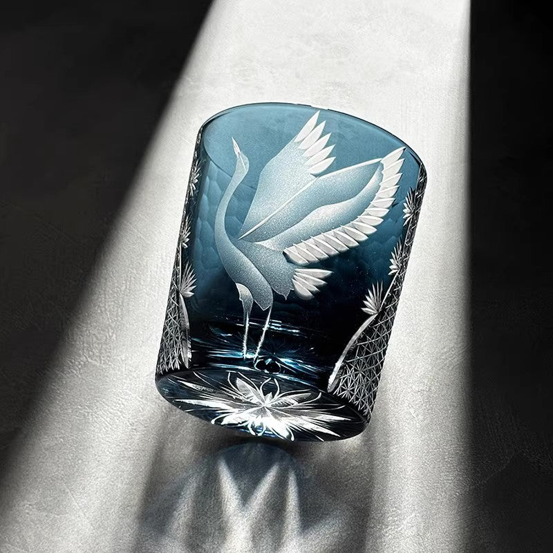 Blue Crane Etched Whiskey Glass, Decorative Cut Style Rocks Tumbler with Gift Box, Artistic Old Fashioned Glass for Bourbon, Cocktails, Water, Home Bar, Kitchen, Bar Cart Display