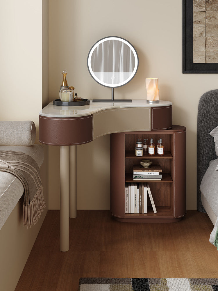 Brown Corner Vanity Set with Mirror, Stool, Drawers and Storage Cabinet