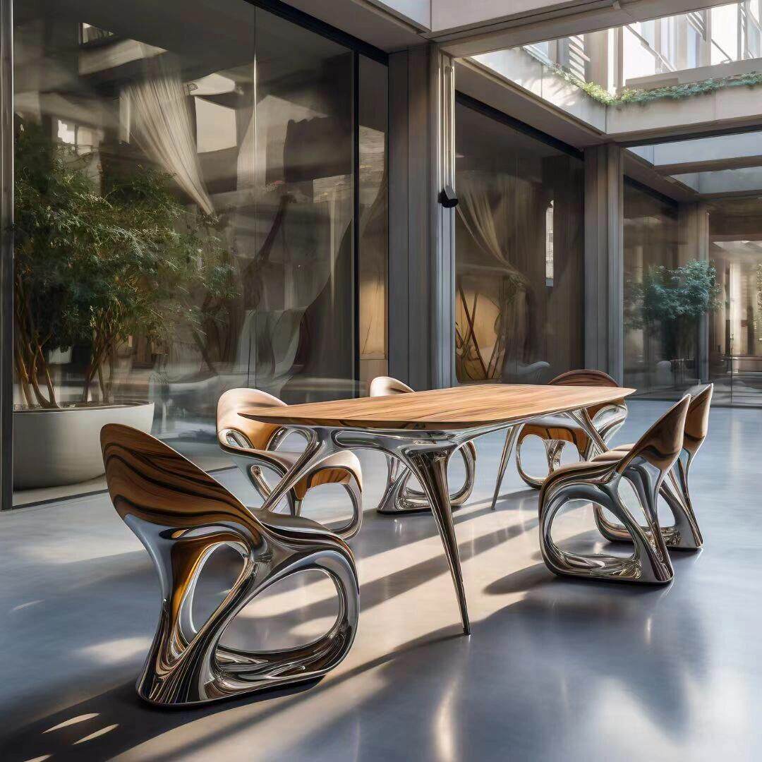 Sculptural Fiberglass Lounge Chair with Matching Side Table, Chrome and Wood Tone Modern Accent Chair Set for Living Room, Bedroom, Office, Hotel Lobby and Luxury Home Decor