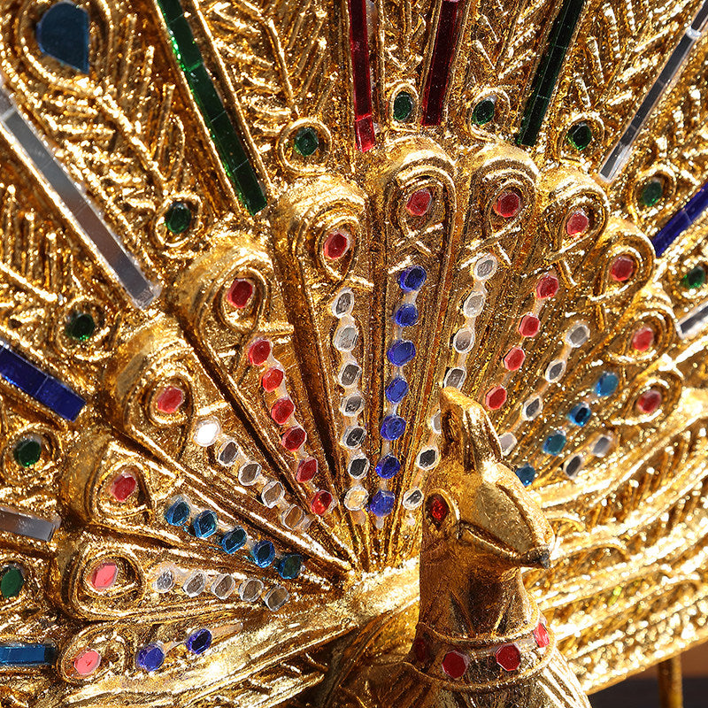 Gold Peacock Sculpture with Multicolor Fan Tail, Decorative Tabletop Figurine