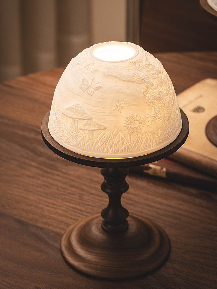 Black Walnut Candle Holder with Embossed Dome Shade, 7.6 Inch Table Decor