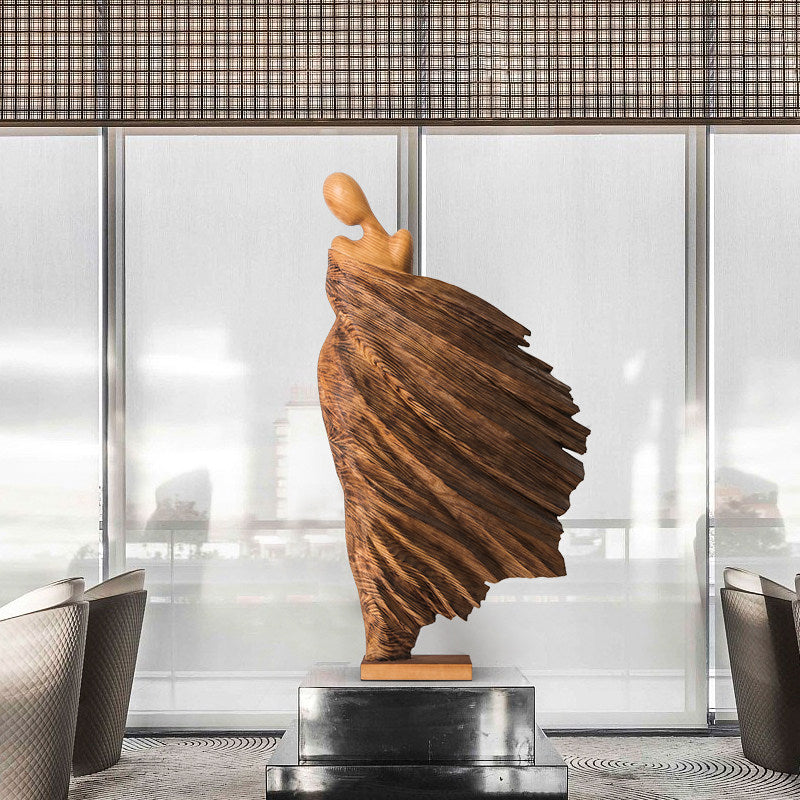 Large Abstract Female Wood Floor Sculpture, Tall Flowing Figurative Statue, Hand Carved Wooden Art Decor for Hotel Lobby, Villa, Clubhouse, Entryway, Living Room and Gallery
