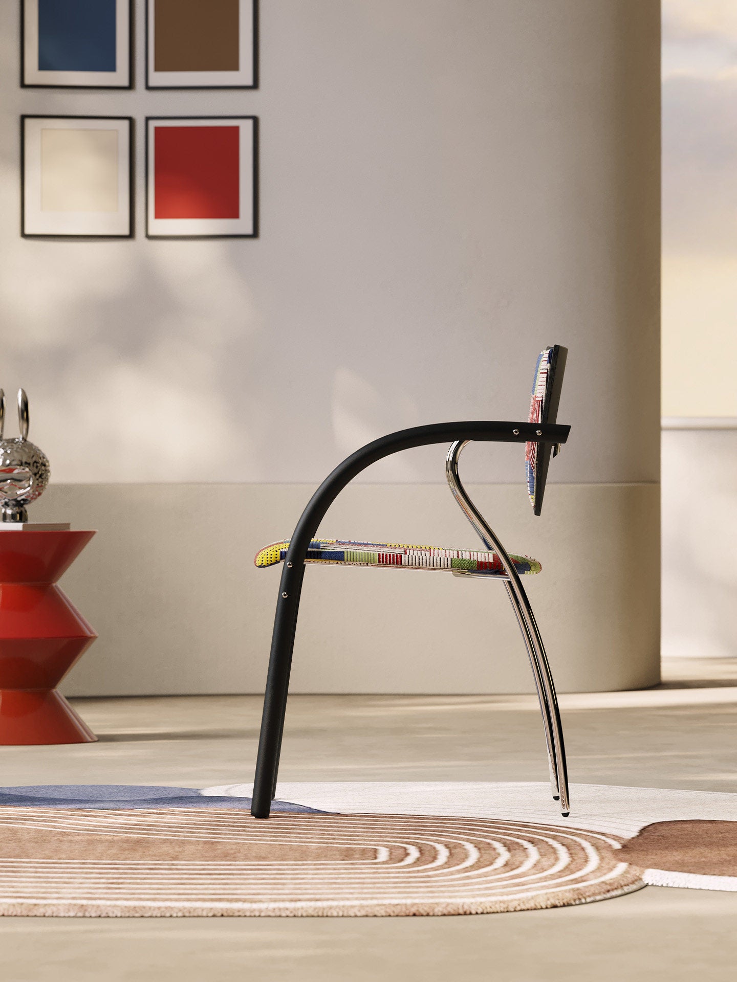 Multicolor Striped Upholstered Dining Chair with Arms, Modern Fabric Accent Chair with Curved Metal Frame, Padded Side Chair for Dining Room, Kitchen, Bedroom, Vanity, Cafe Seating