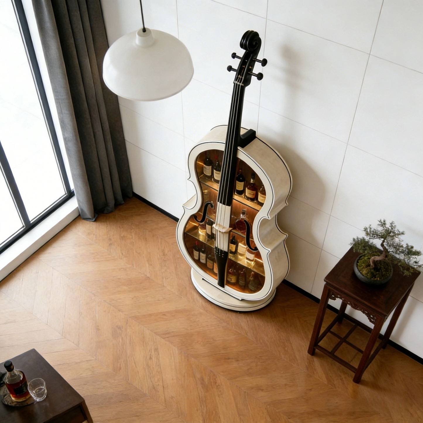 Cello Shaped Liquor Cabinet with LED Lighting, Ash Wood Display Storage