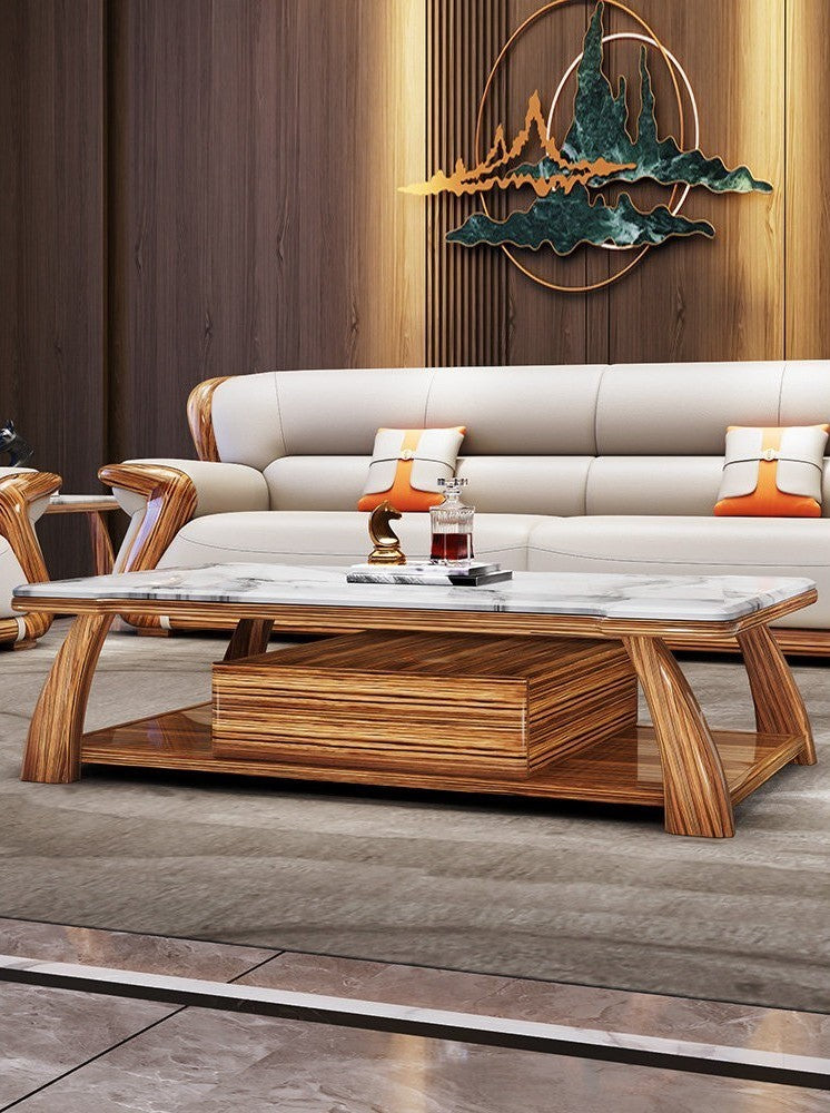 Solid Zingana Wood Coffee Table with Natural Marble Top, Modern Rectangular Center Table with Open Shelf Storage, Luxury Living Room Cocktail Table