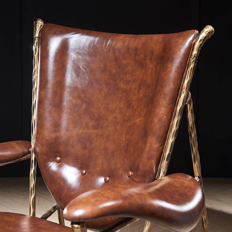 Vintage Brown Leather Lounge Chair, Rustic Metal Frame Accent Armchair, Cigar Lounge Reading Chair for Living Room, Tea Room, Office and Study