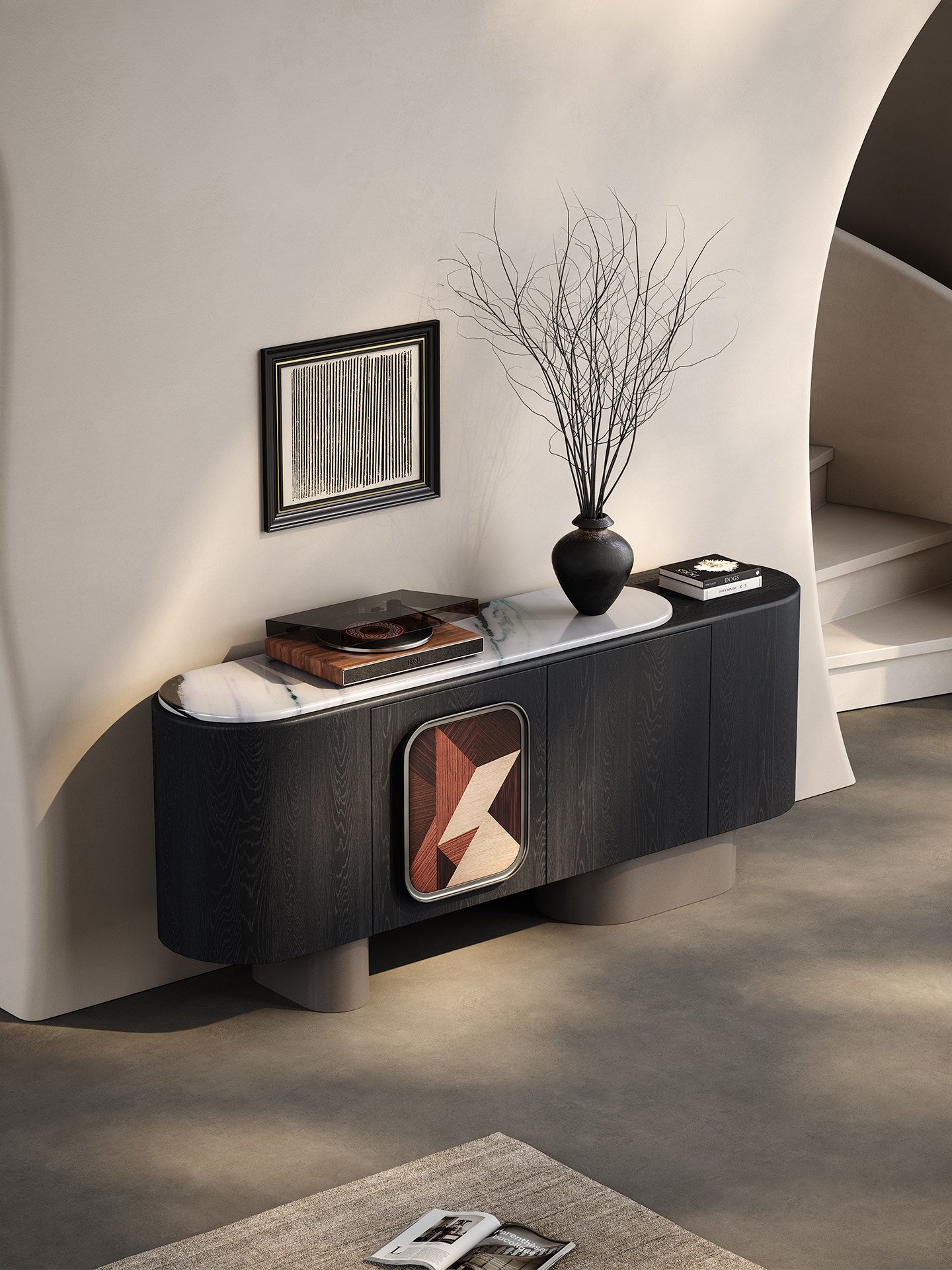 Modern Black Sideboard Buffet Cabinet with Panda White Stone Top, 71 Inch Italian Minimalist Dining Room Storage Cabinet, Curved Wood Accent Credenza for Living Room, Entryway, Kitchen