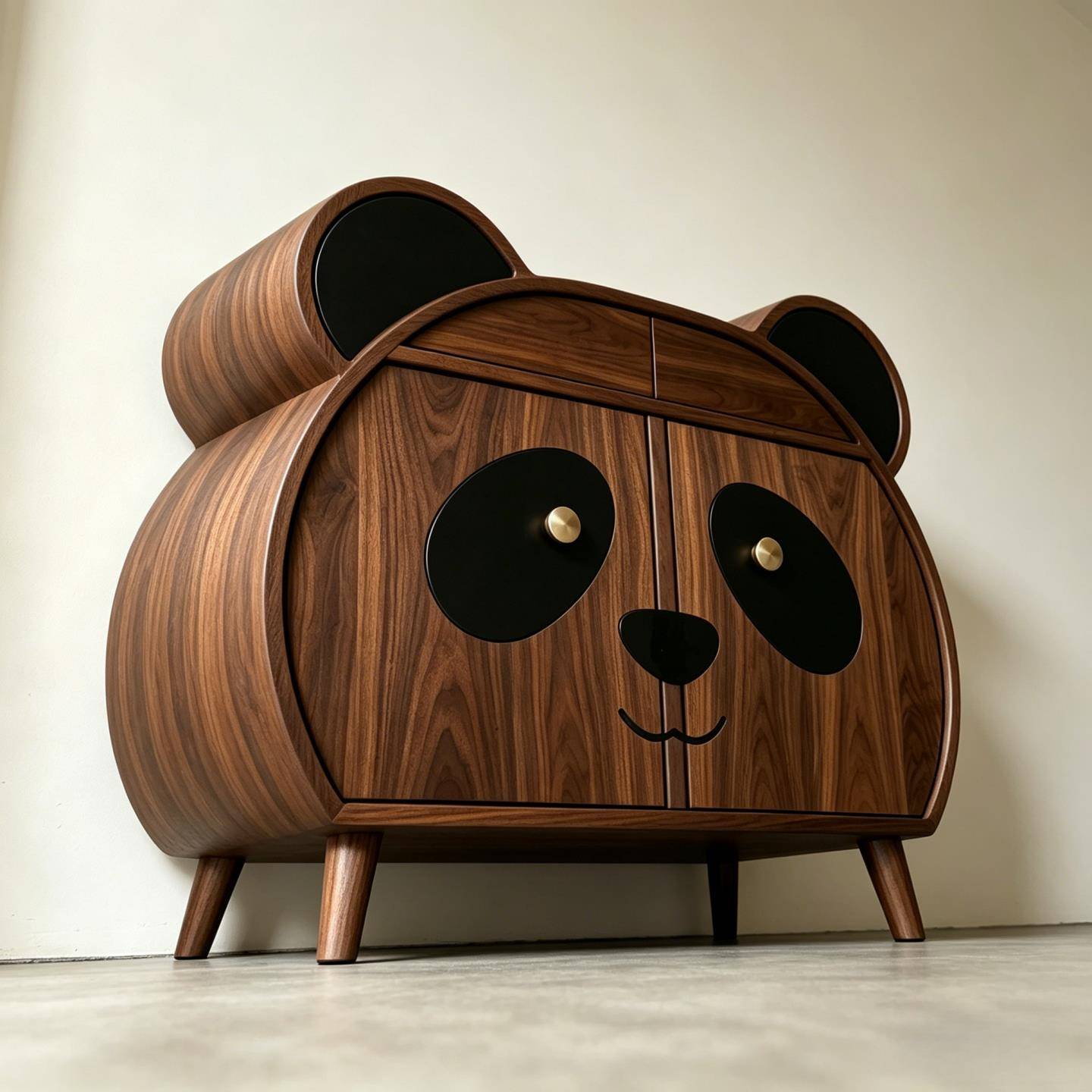 Solid Ash Wood Panda Storage Cabinet, Kids Sideboard Buffet Cabinet with Drawers &amp; Double Doors, Modern Walnut Finish Accent Storage Cabinet for Nursery, Playroom, Bedroom, Living Room &amp; Entryway