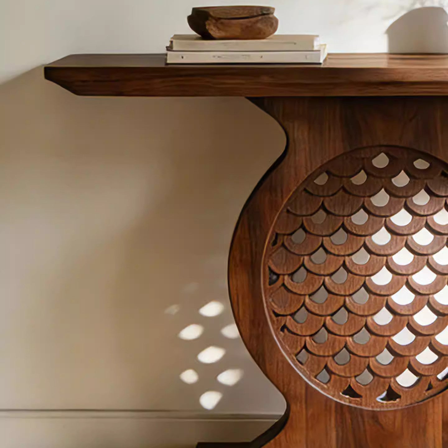 Solid Ash Wood Console Table with Carved Round Pedestal Base