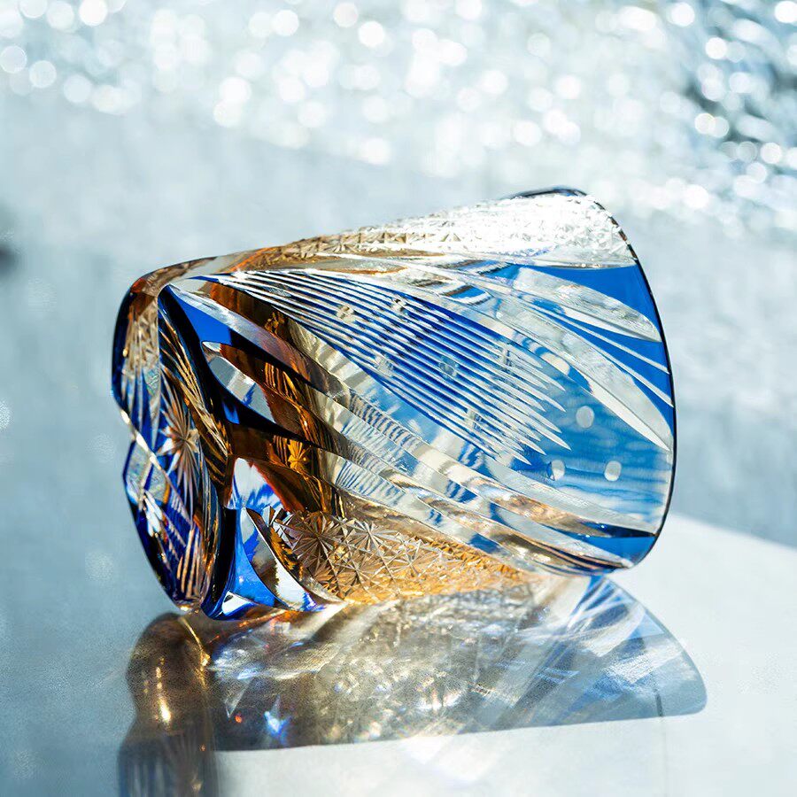 Blue Amber Cut Glass Whiskey Tumbler, Decorative Crystal Style Rocks Glass with Gift Box, Luxury Old Fashioned Glass for Bourbon, Cocktails, Water, Bar Cart, Home Bar Gift
