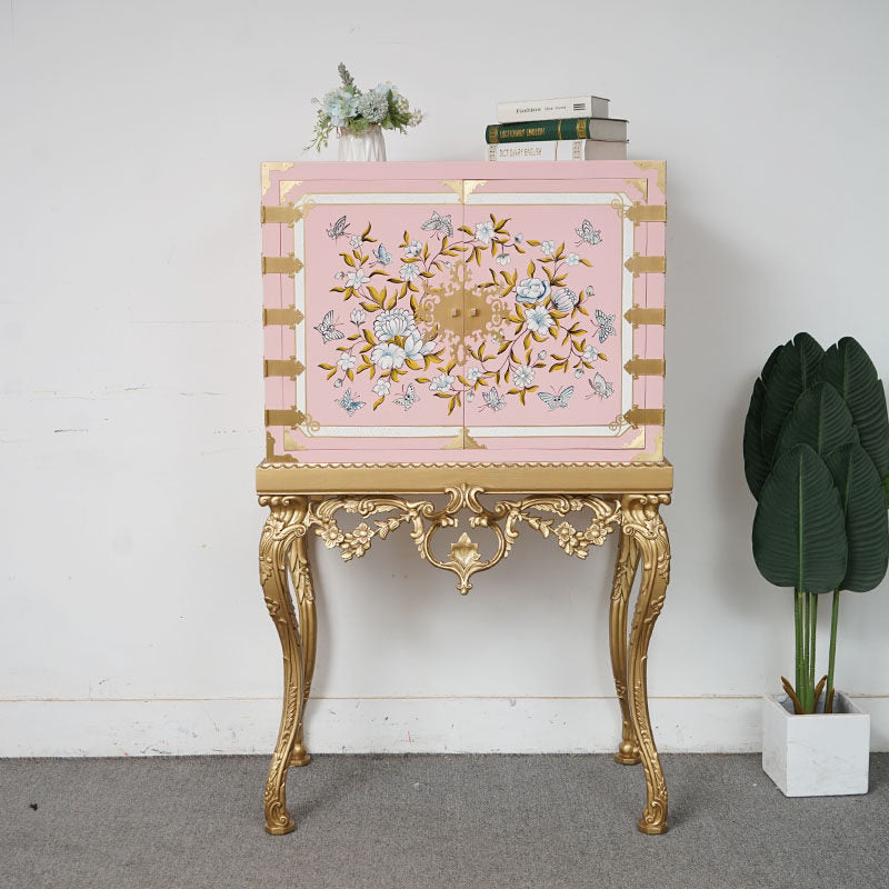 Pink and Gold European Style Accent Cabinet, Baroque Inspired Floral Painted Storage Cabinet with Tall Ornate Legs, Decorative 2 Door Cabinet for Bedroom, Living Room, Entryway, Dressing Area, and Home Bar