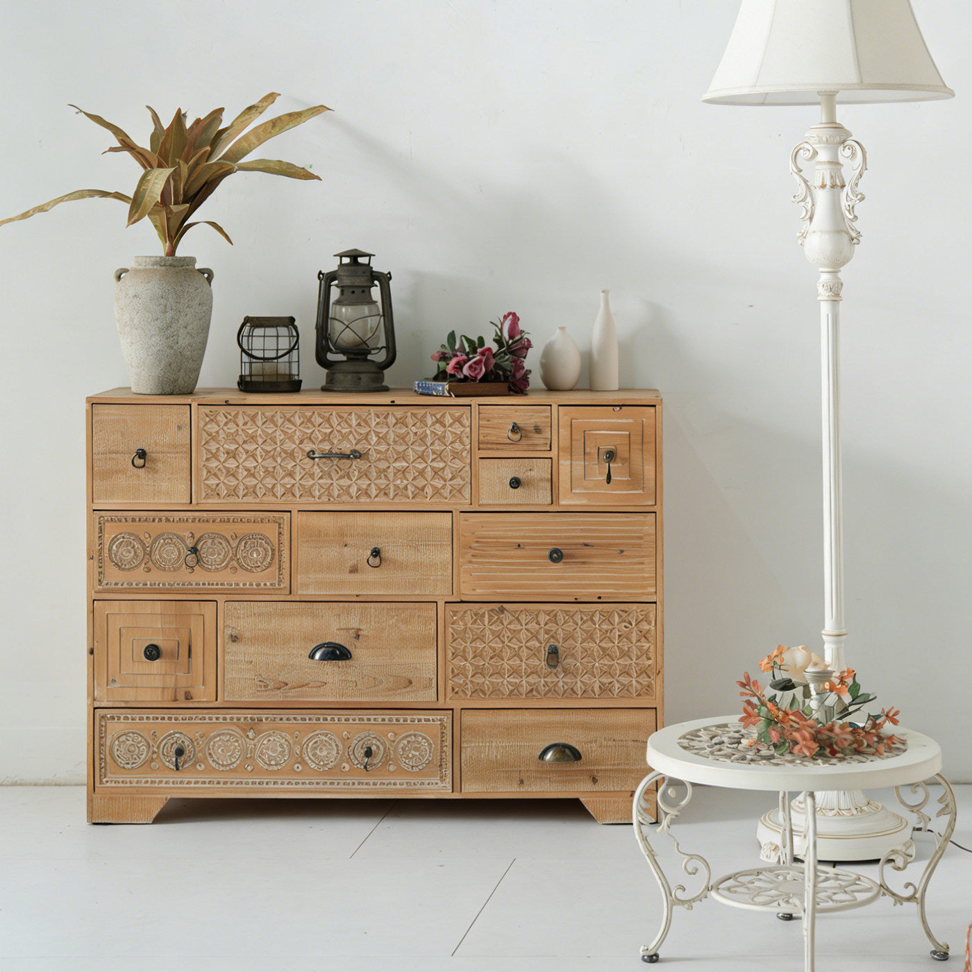 Solid Wood 12-Drawer Storage Chest, Rustic Carved Accent Cabinet