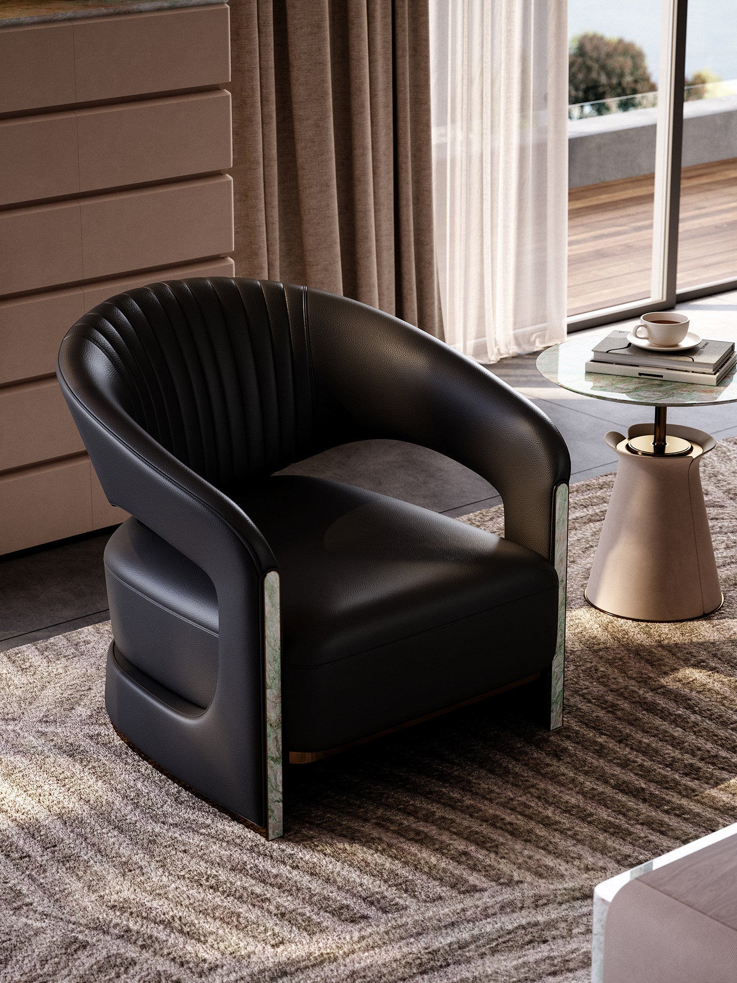Black Leather Accent Chair, Modern Lounge Chair with Turquoise Stone Arm Accents, Bronze Detail Single Sofa Chair, Curved Back Armchair for Living Room, Bedroom, Villa, Office