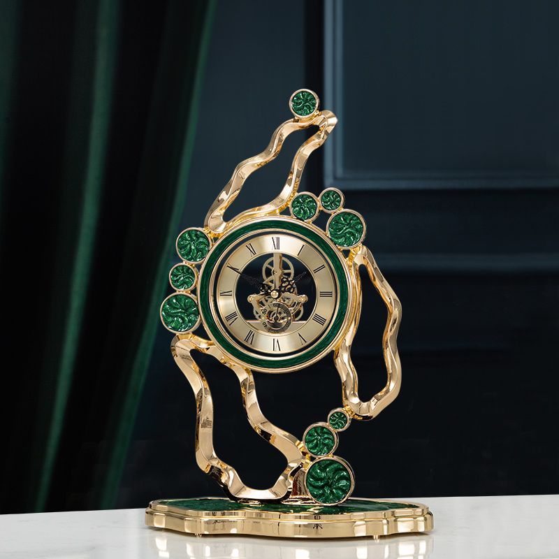 Gold and Green Decorative Table Clock with Open Gear Dial, 16.1 Inch