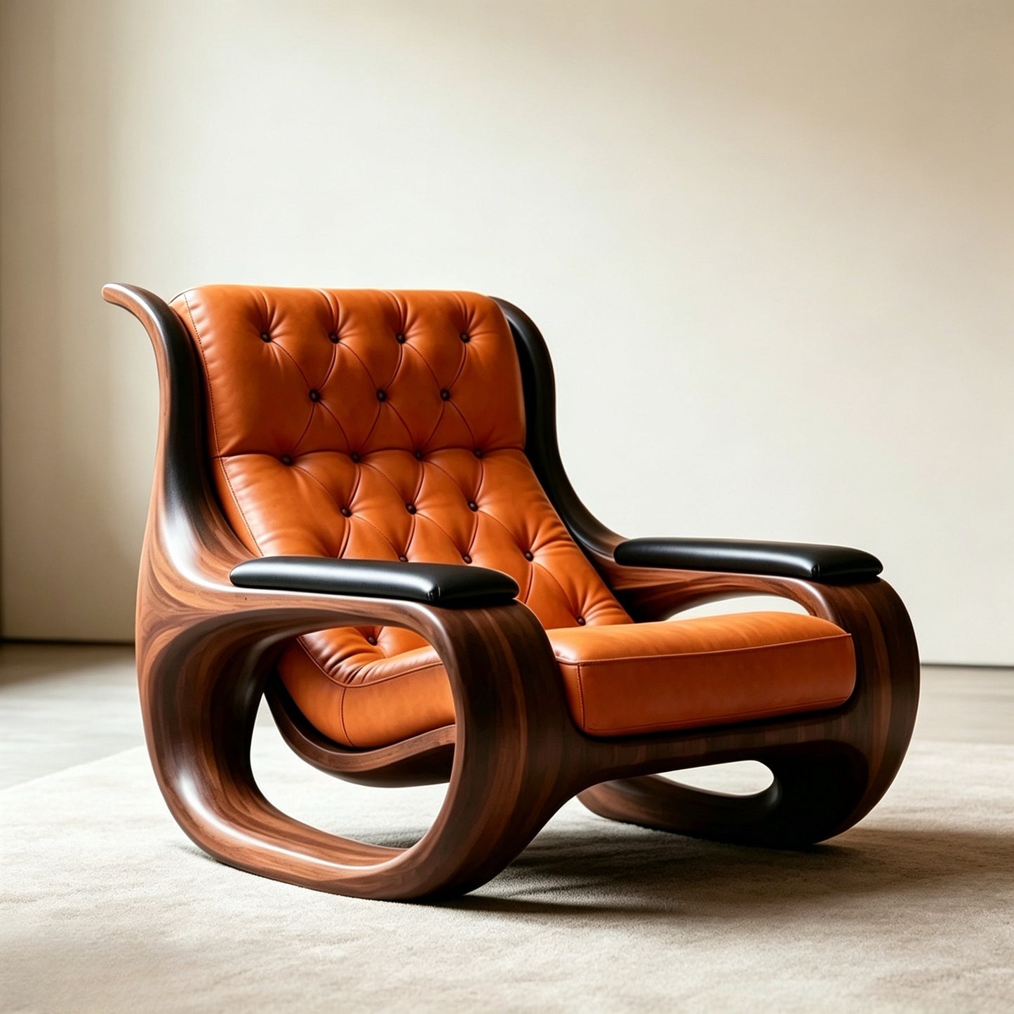 Solid Ash Wood Leather Accent Chair, Orange Tufted Lounge Armchair