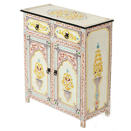 Moroccan Style Hand Painted 2 Door Accent Cabinet, Decorative Storage Cabinet with 2 Drawers, White Multicolor Sideboard for Entryway, Bedroom, Living Room, Hallway